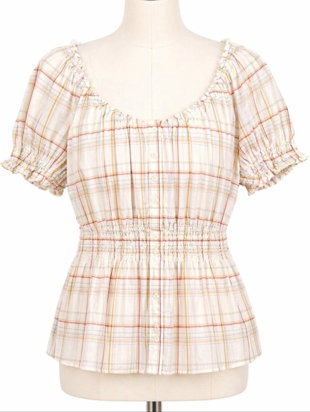 Merona Ivory Plaid Smocked Waist Peasant Top